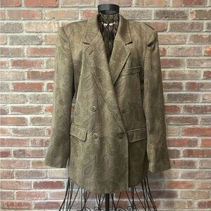 MaxMara 100% Wool Double Breasted Blazer, Olive Green Paisley Print Size 10
